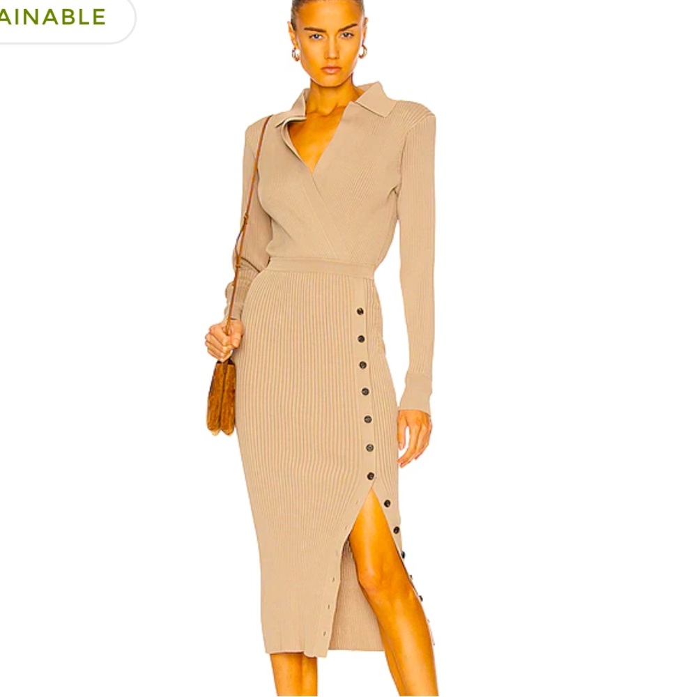 NWOT Self-Portrait Leg Slit Camel Tan Button Collared Ribbed Midi Dress